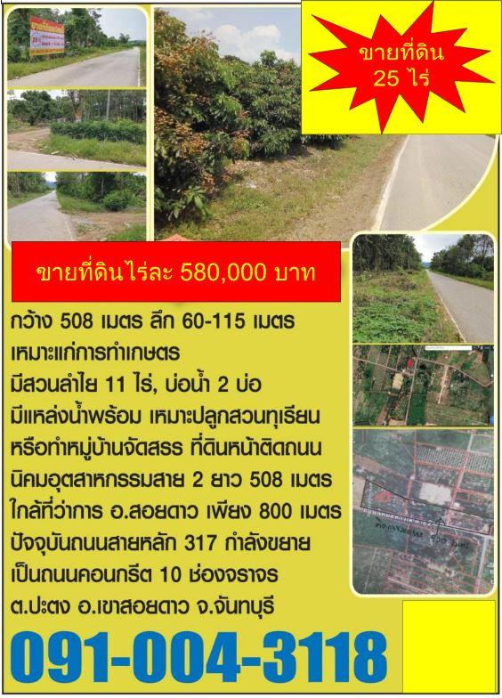 ขายที่ดิน 25 ไร่ ต.ปะตง อ.เขาสอยดาว จ.จันทบุรี เหมาะทำการเกษตรหรือโครงการบ้าน มีสวนลำไย 11 ไร่