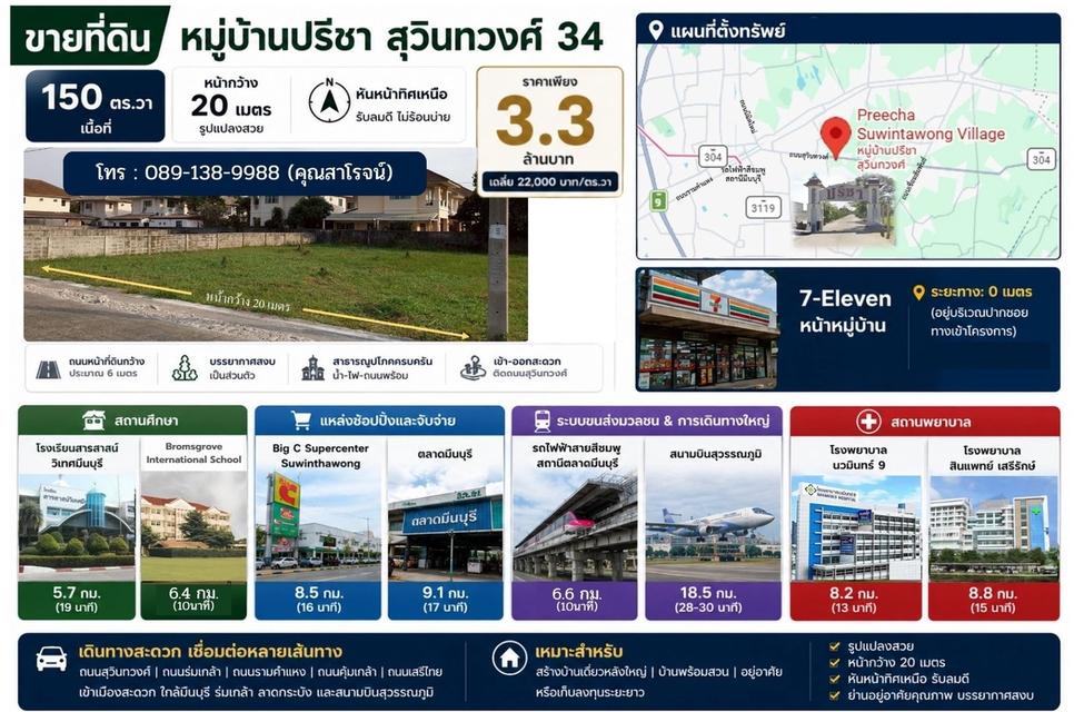 ขายที่ดินเปล่า 150 ตร.ว. หมู่บ้านปรีชา สุวินทวงศ์ 34 หน้ากว้าง 20 เมตร ทิศเหนือ