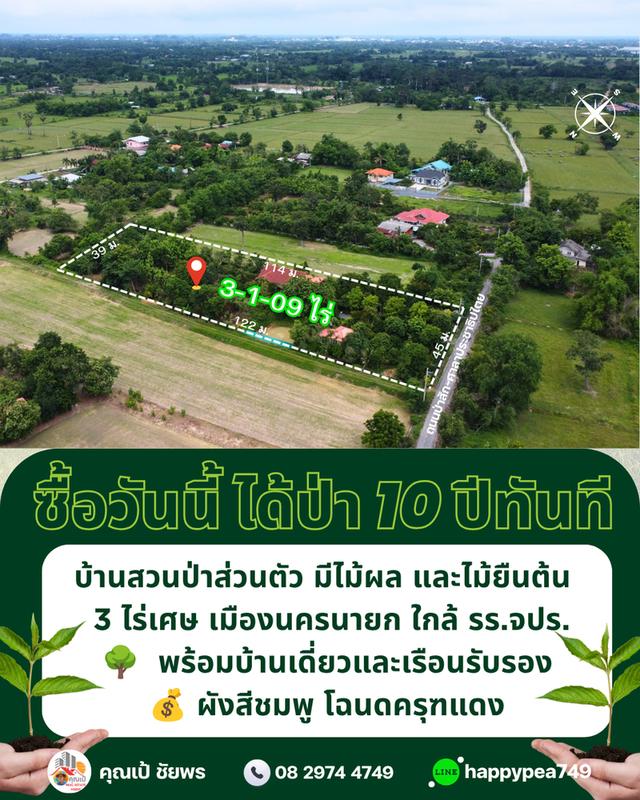 🌳 ที่ดินเมืองนครนายก พรหมณี 3 ไร่เศษ พร้อมบ้านสวนป่าส่วนตัวผังสีชมพู ใกล้ รร.จปร. 7