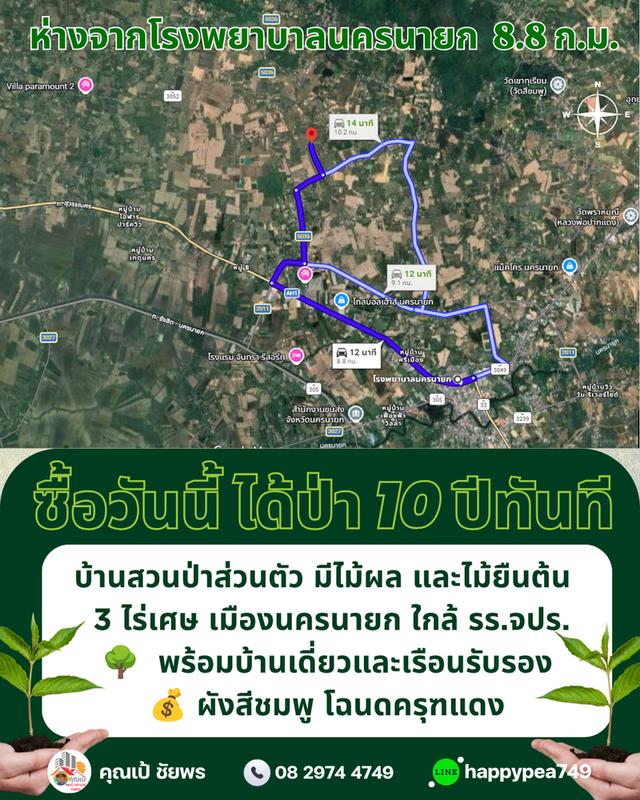 🌳 ที่ดินเมืองนครนายก พรหมณี 3 ไร่เศษ พร้อมบ้านสวนป่าส่วนตัวผังสีชมพู ใกล้ รร.จปร. 19
