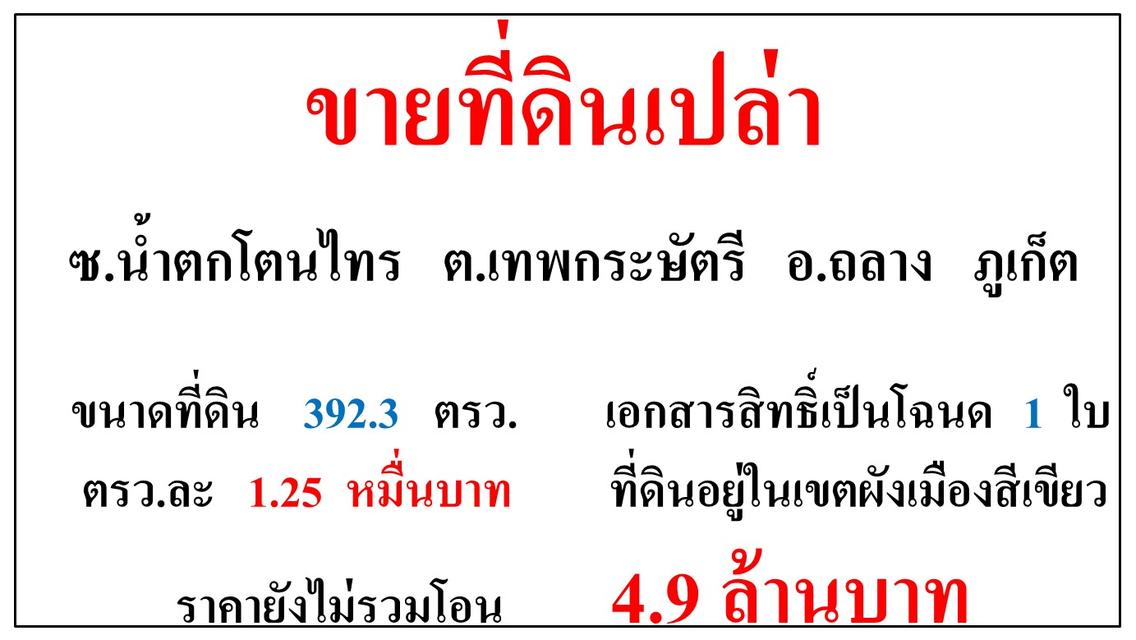 ขายที่ดินเปล่า ขนาด 392.3 ตรว.  ซ.น้ำตกโตนไทร  ต.เทพกระษัตรี  อ.ถลาง  ภูเก็ต 1