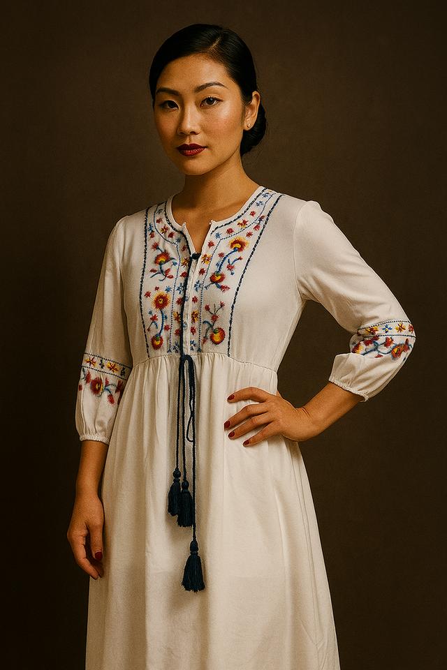 เดรสแม็กซี่ยาวปักลายดอกไม้สไตล์โบฮีเมียน (Boho Embroidered Maxi Dress – White)_@SP016