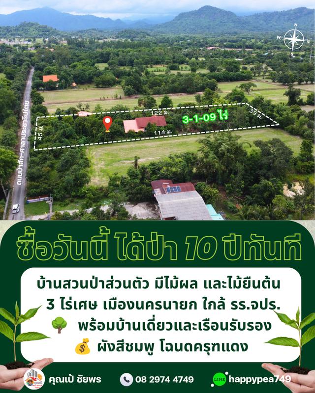 🌳 ที่ดินเมืองนครนายก พรหมณี 3 ไร่เศษ พร้อมบ้านสวนป่าส่วนตัวผังสีชมพู ใกล้ รร.จปร. 3