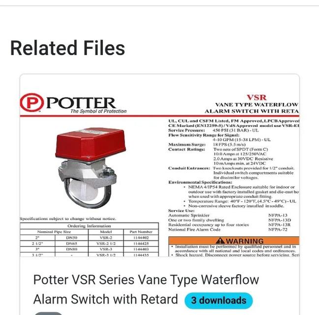 จำหน่ายสวิทซ์ควบคุมน้ำต่างๆ Potter VS-SP Waterflow โฟลว์สวิทซ์ POTTER ELECTRIC VSR,Outside Screw Yoke Valve Switch รุ่น OSYSU-1,OSYSU-2 ยี่ห้อ POTTER 3