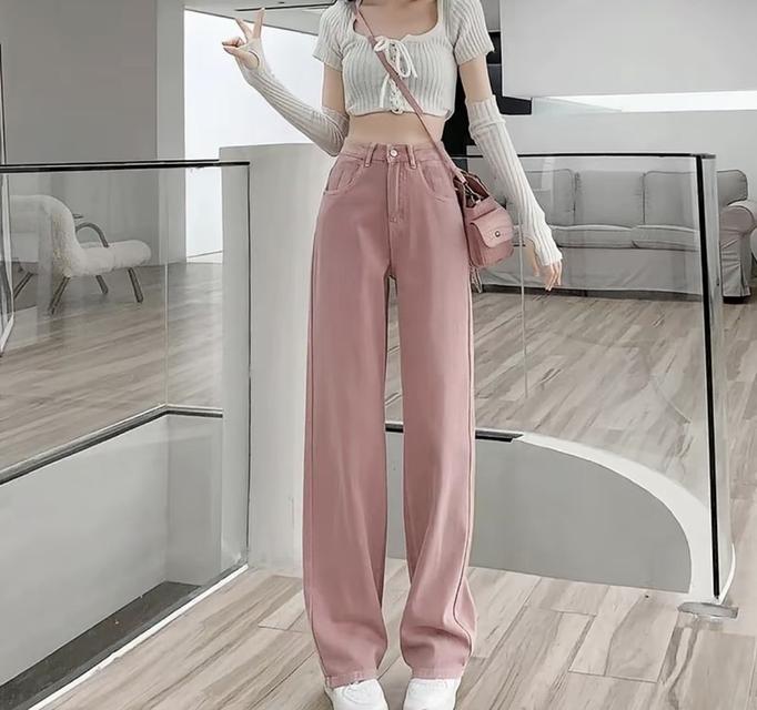 กางเกงยีนส์เอวสูงสีชมพู