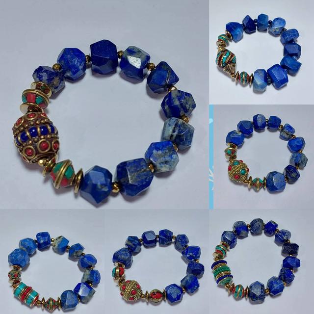  ข้อมือหิน lapis lazuli คั่นแร่เฮมาไทต์ลูกปัดเนปาล 13×14 mm ยาว 18 cm.