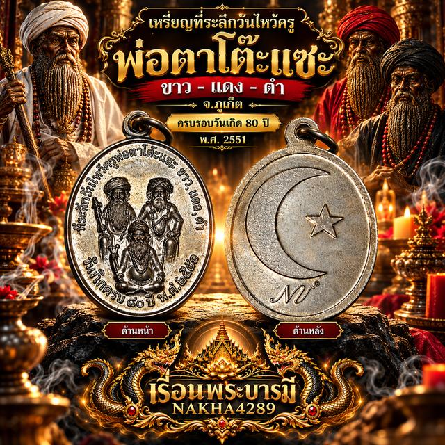 เหรียญที่ระลึกวันไหว้ครู พ่อตาโต๊ะแซะ (ขาว–แดง–ดำ) จ.ภูเก็ต ครบรอบวันเกิด 80 ปี พ.ศ. 2551