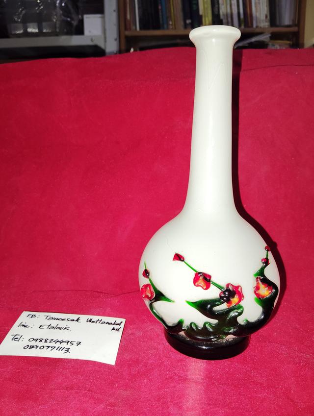 แจกัน Murano blown glass vase, white glass and green and red floral decoration  5