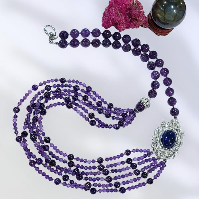 สร้อยคอ Amethysts stone 4,6,12 มิล จี้ตัวเรือนพลอยCZ sterling silver925 ยาว 30 นิ้ว
