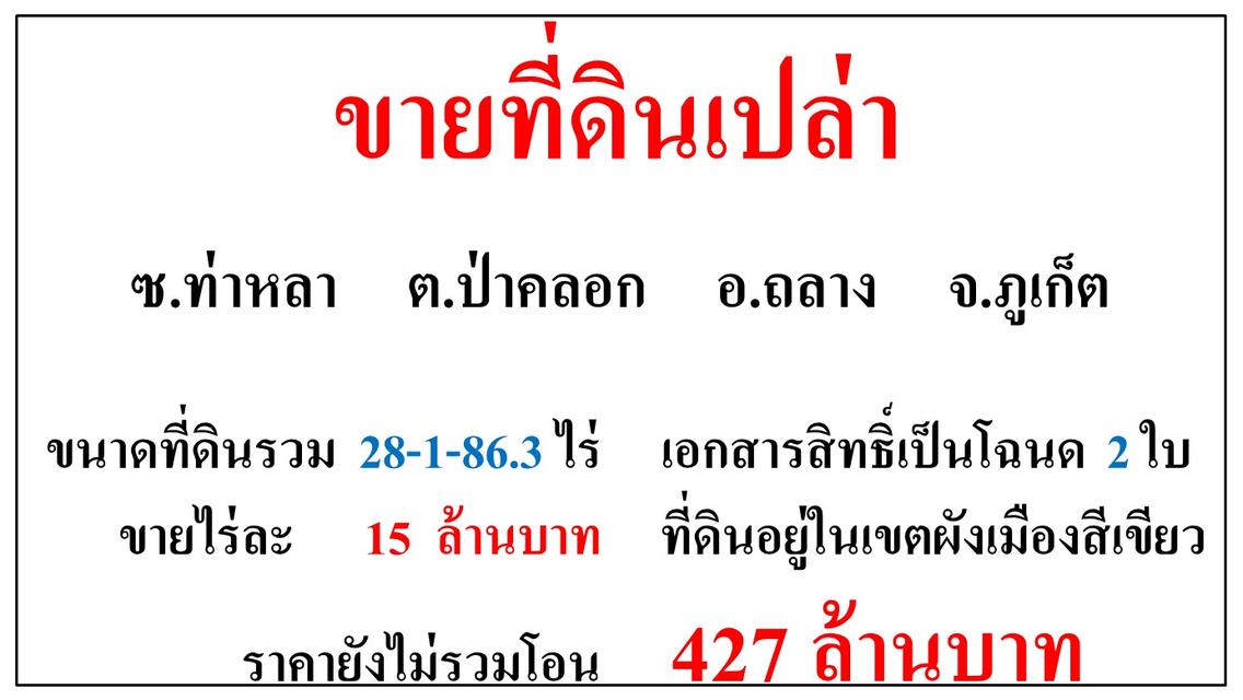 ขายที่ดินเปล่า ขนาด 28-1-86.3 ไร่  ซ.ท่าหลา  ต.ป่าคลอก  อ.ถลาง  ภูเก็ต