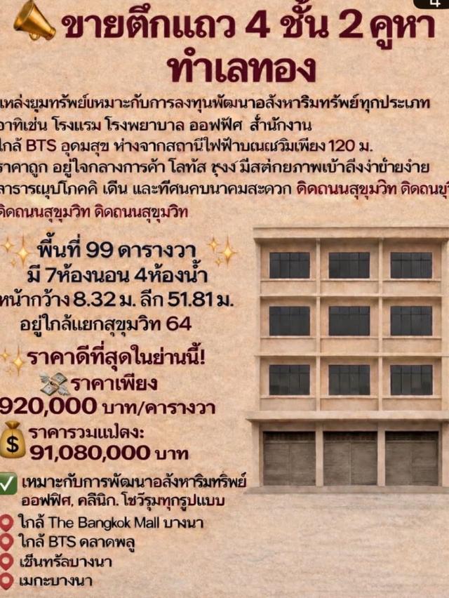 ขายตึกแถวติดถนนใหญ่99 ตารางวา  Sale Shophouse Old buildings 2