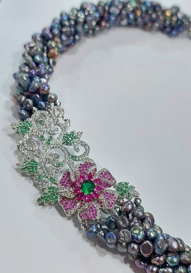 สร้อยคอพันเกลียวมุกเทาแท้ 4 มิล ดอกไม้ฝังพลอยCZ sterling silver925 ยาว19-20 นิ้ว รูปที่ 4